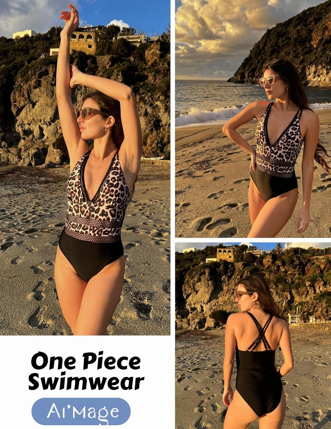 AI'MAGE Women One Piece Swimsuit Sexy V Neck Bathing Suits Tummy Control Swimsuits Mesh Hollow Out Swimwear S-XXL
