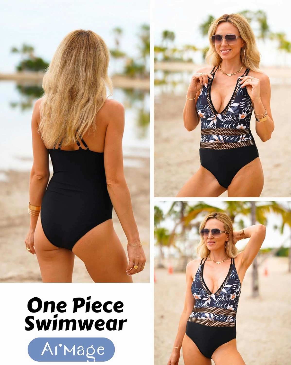 AI'MAGE Women One Piece Swimsuit Sexy V Neck Bathing Suits Tummy Control Swimsuits Mesh Hollow Out Swimwear S-XXL