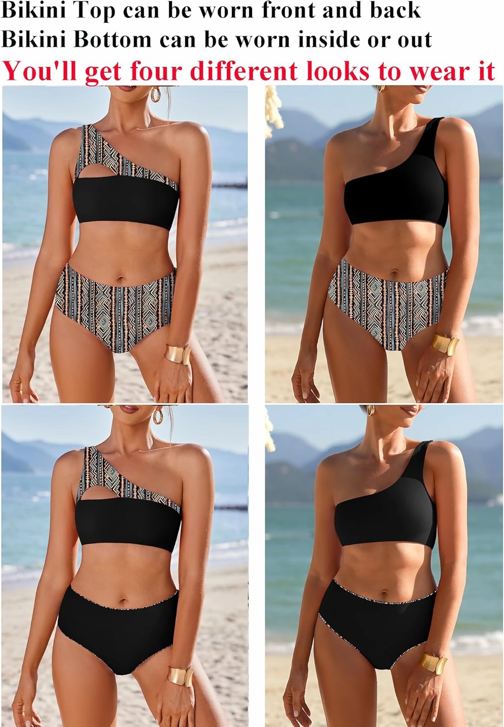 AI'MAGE Women's Bikini Sets Reversible Wear Cutout One Shoulder Top with Mid Waist Two Piece Bathing Suit