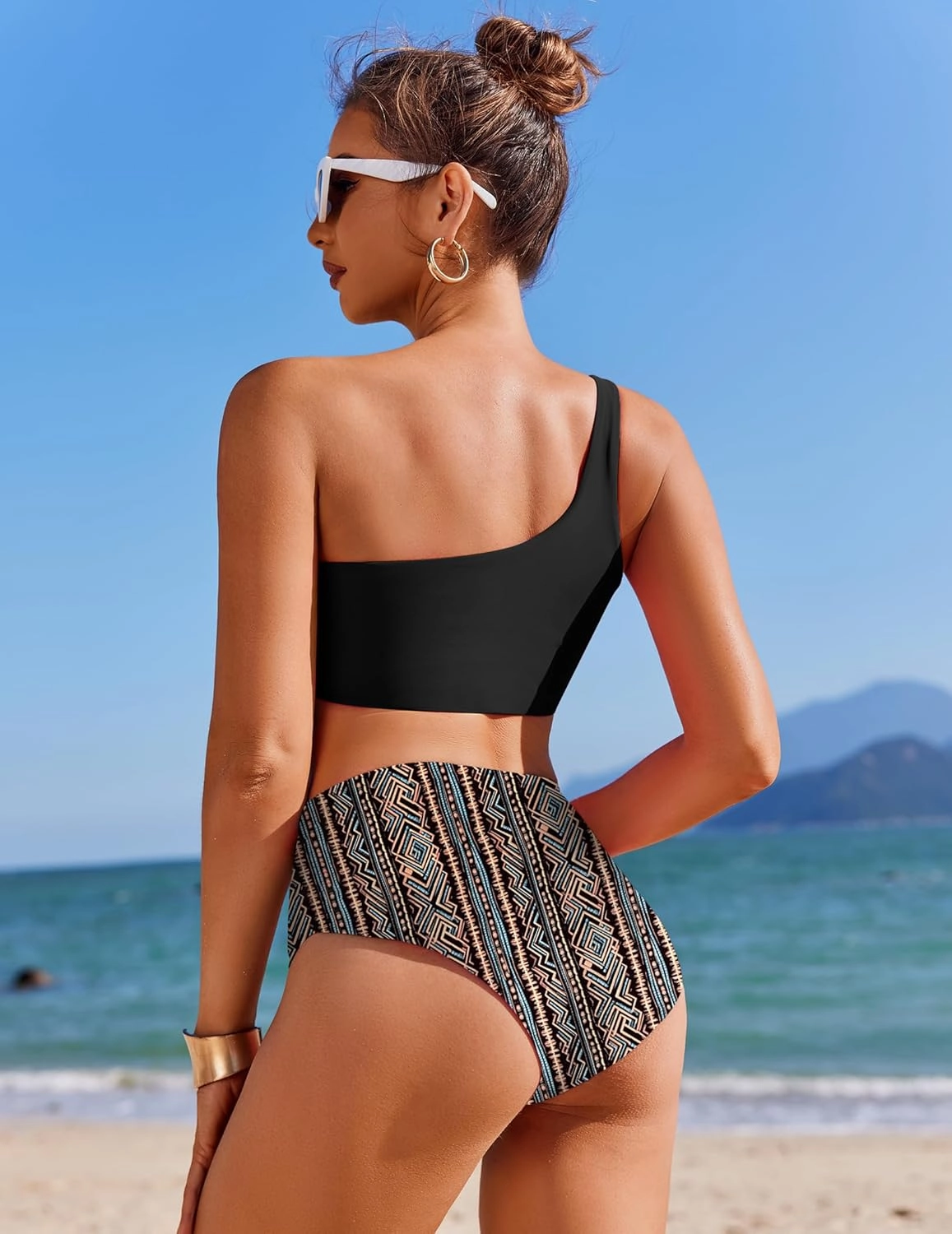 AI'MAGE Women's Bikini Sets Reversible Wear Cutout One Shoulder Top with Mid Waist Two Piece Bathing Suit