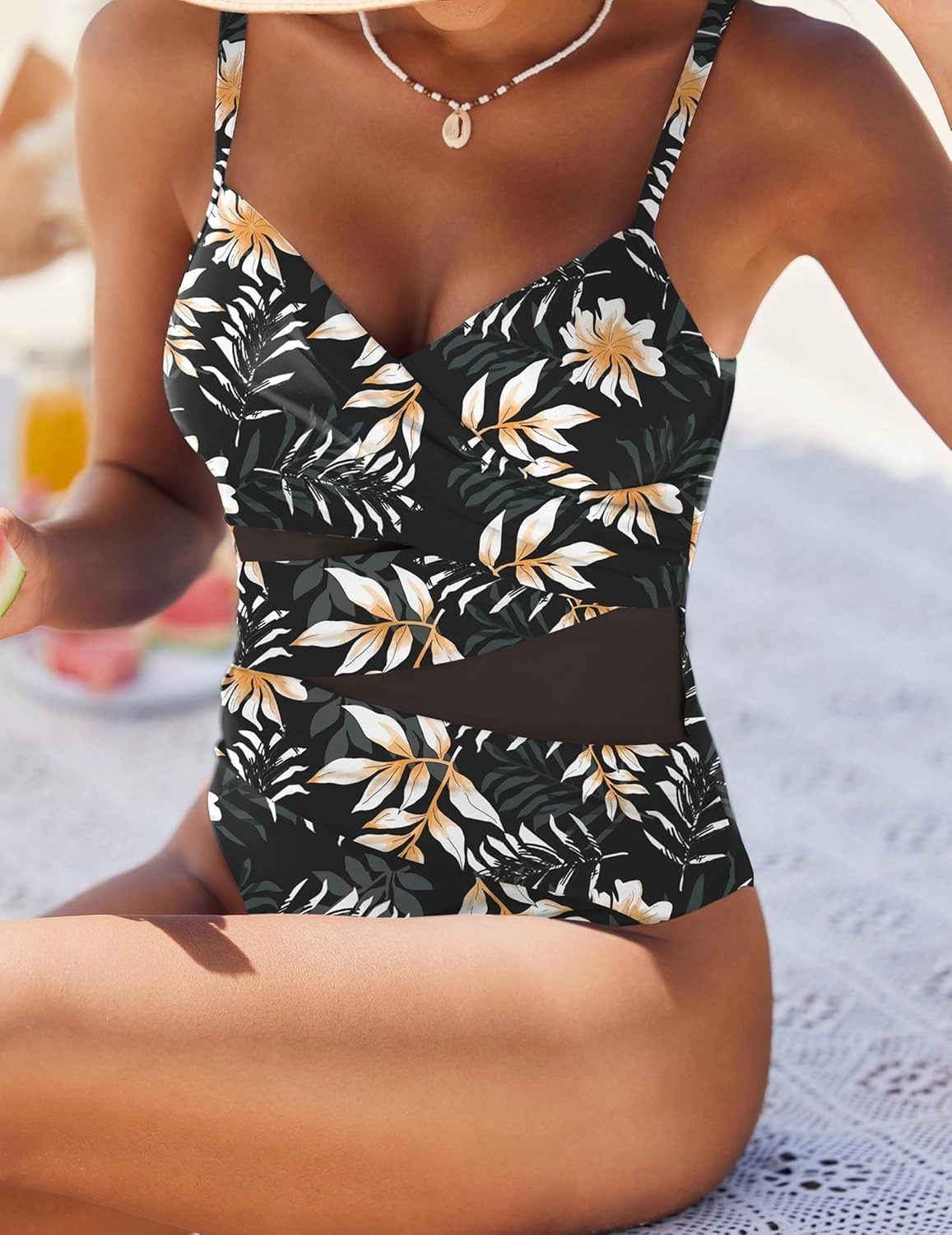 AI'MAGE Women's One Piece Swimsuit 2025 V Neck Ruched Mesh Bathing Suit Tummy Control Slimming Swimwear S-XXL