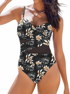 AI'MAGE Women's One Piece Swimsuit 2025 V Neck Ruched Mesh Bathing Suit Tummy Control Slimming Swimwear S-XXL