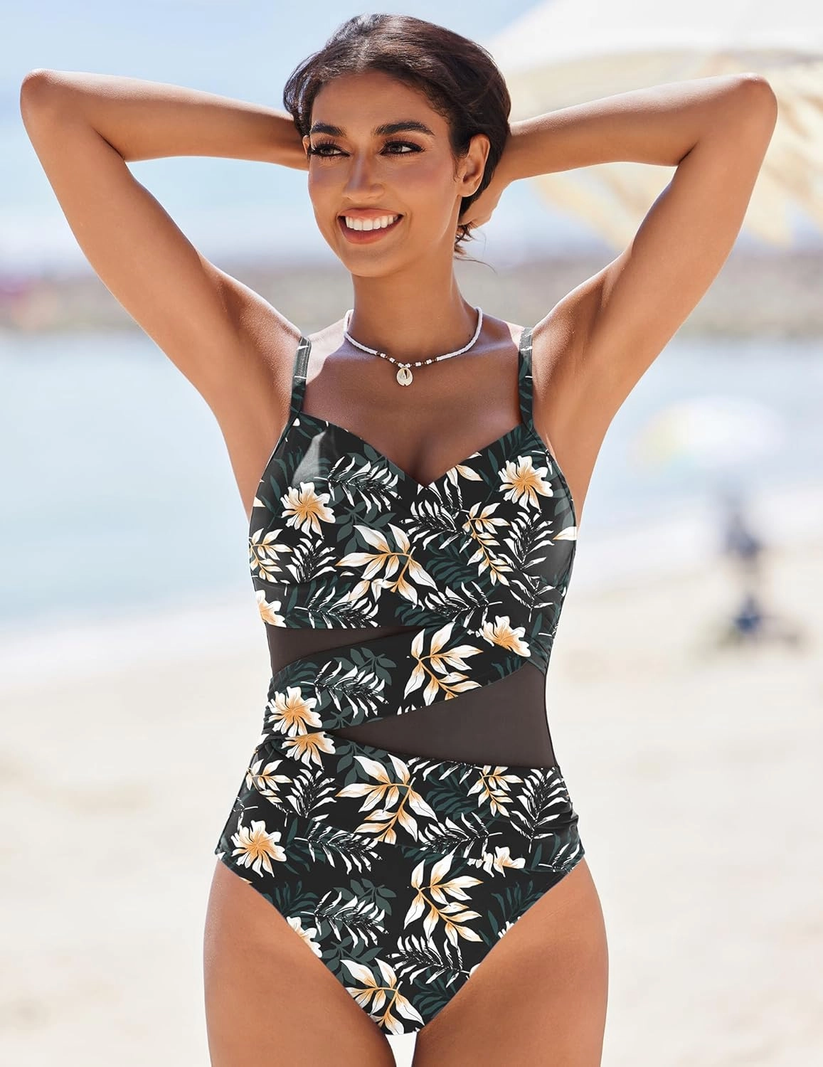 AI'MAGE Women's One Piece Swimsuit 2025 V Neck Ruched Mesh Bathing Suit Tummy Control Slimming Swimwear S-XXL