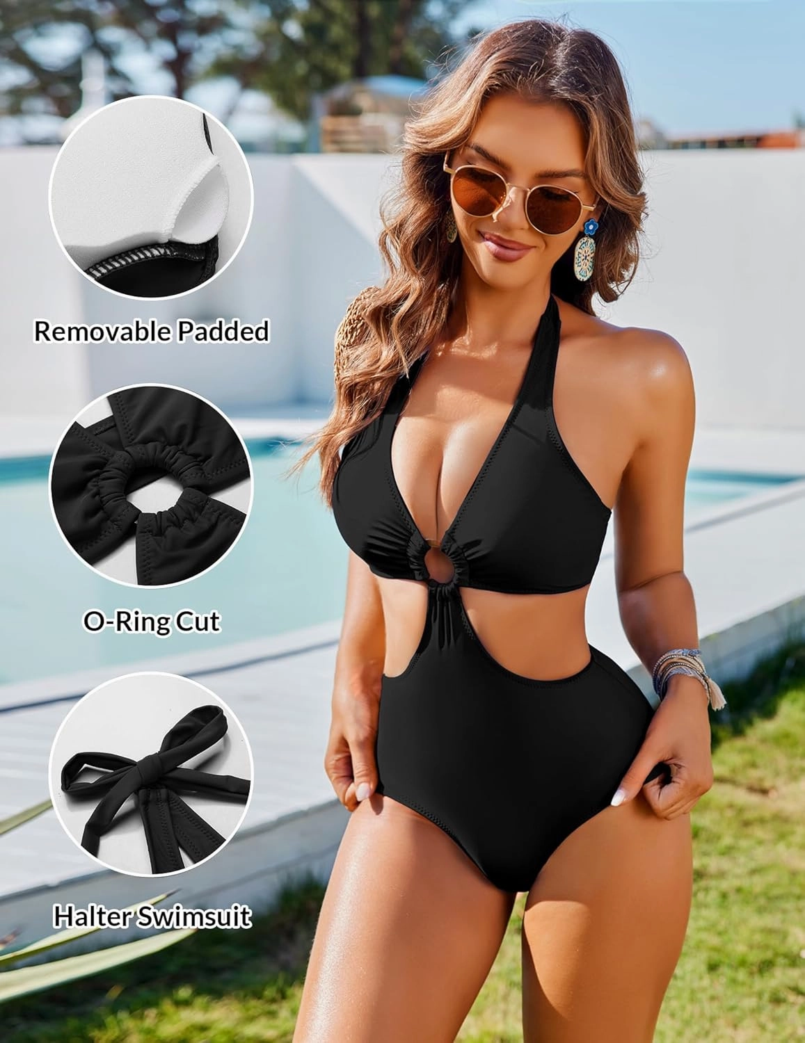 AI'MAGE Women's One Piece Swimsuits Tummy Control O Ring Cutout High Waisted Bathing Suit Tie Back Swimwear