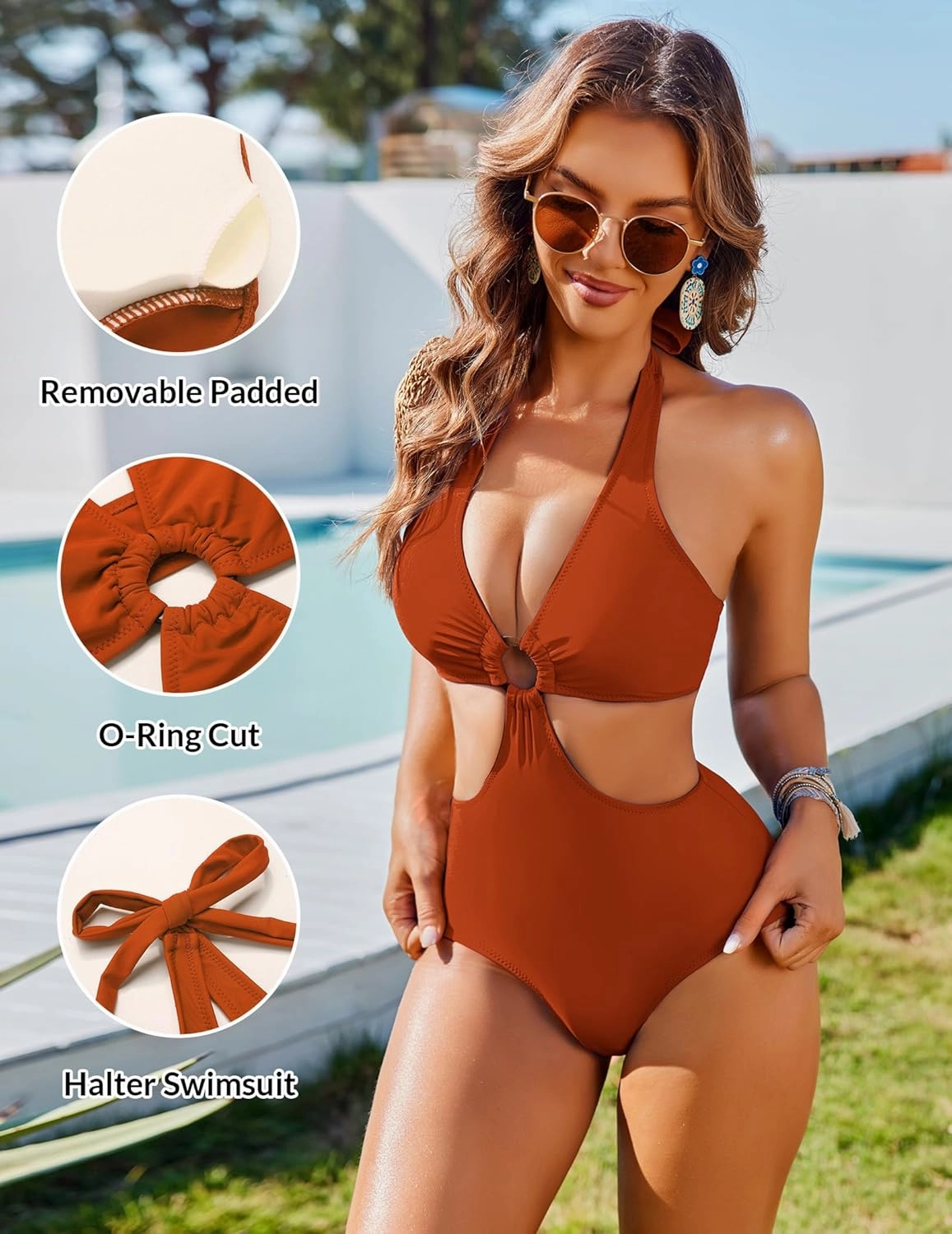 AI'MAGE Women's One Piece Swimsuits Tummy Control O Ring Cutout High Waisted Bathing Suit Tie Back Swimwear