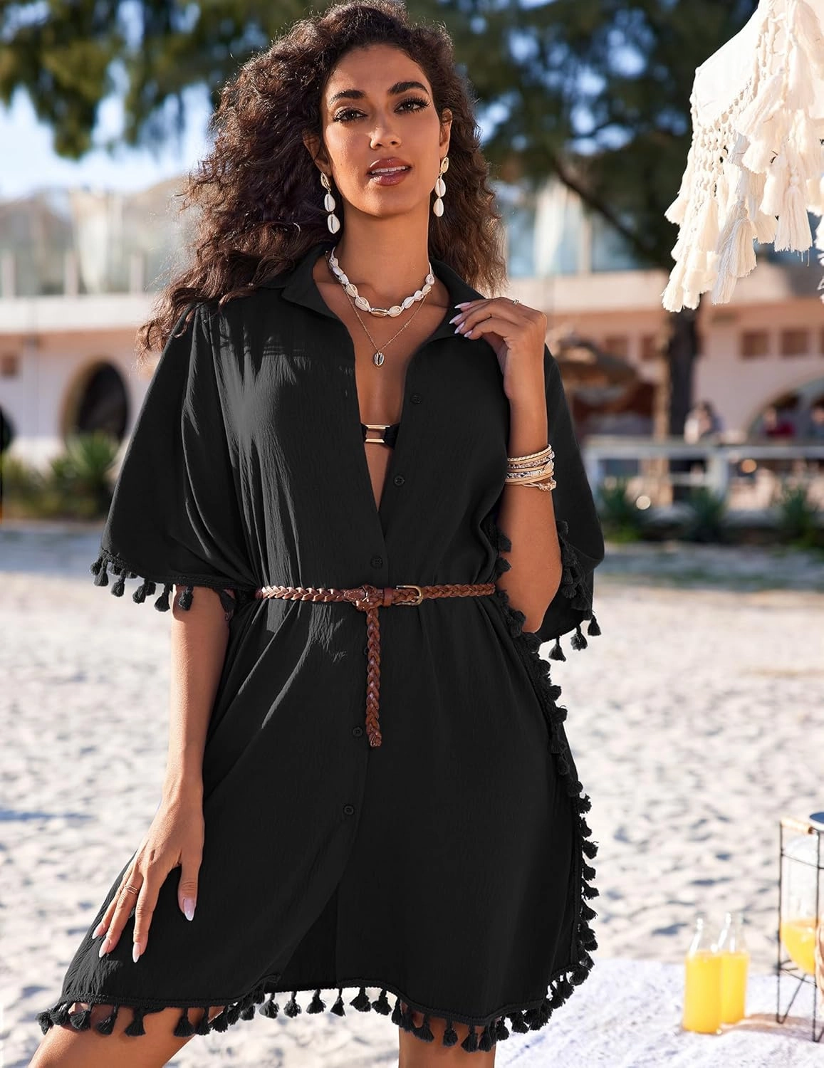 AI'MAGE Women's Swimwear Cover Ups 3/4 Sleeve Beach Coverup with Tassel Button Down Oversized Swimsuit Cover Up Shirt S-3XL
