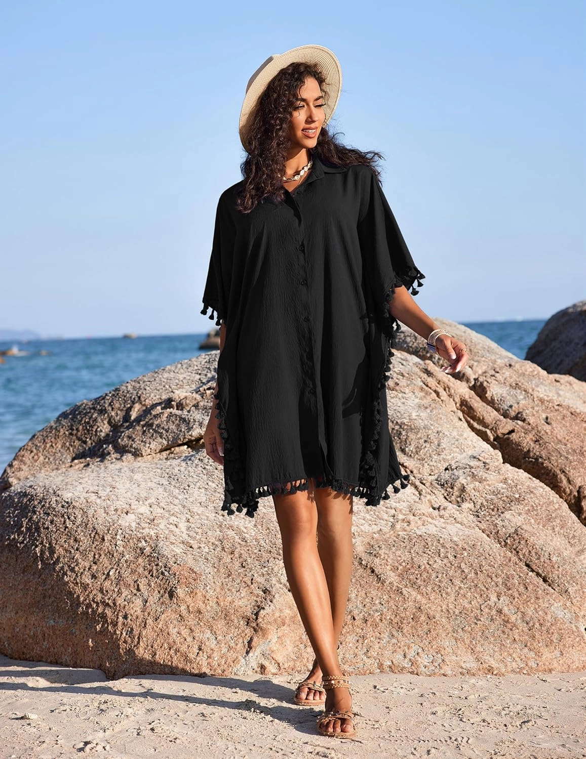 AI'MAGE Women's Swimwear Cover Ups 3/4 Sleeve Beach Coverup with Tassel Button Down Oversized Swimsuit Cover Up Shirt S-3XL