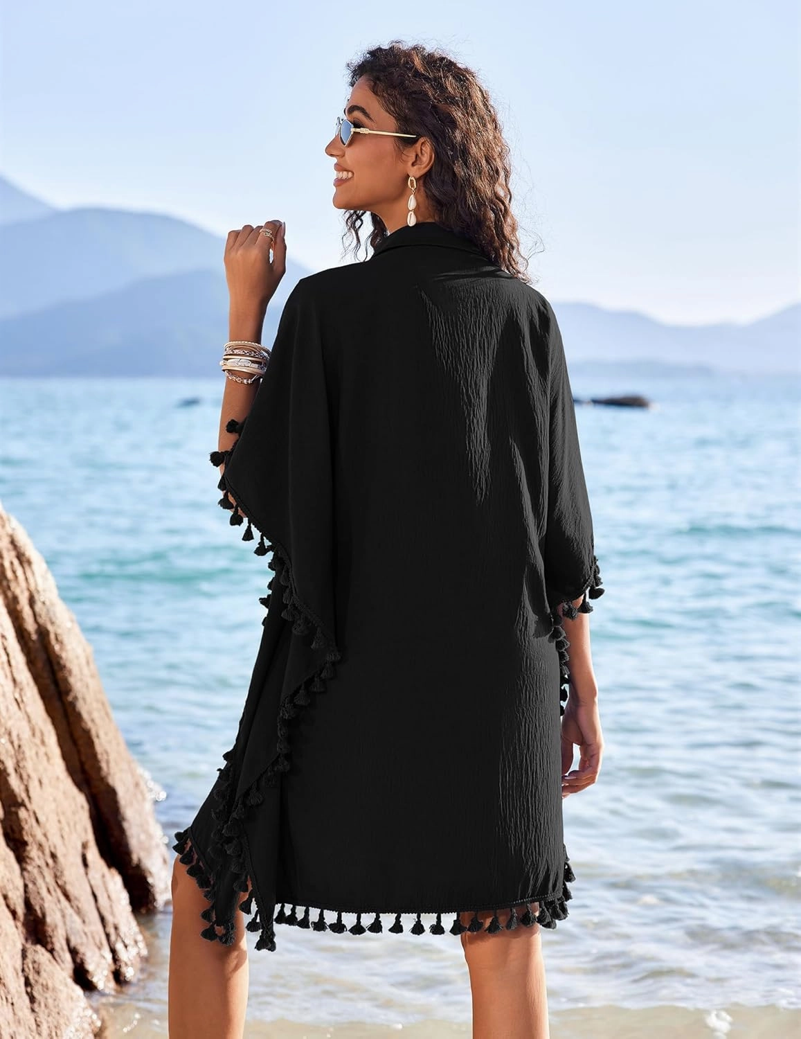 AI'MAGE Women's Swimwear Cover Ups 3/4 Sleeve Beach Coverup with Tassel Button Down Oversized Swimsuit Cover Up Shirt S-3XL