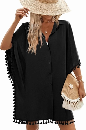 AI'MAGE Women's Swimwear Cover Ups 3/4 Sleeve Beach Coverup with Tassel Button Down Oversized Swimsuit Cover Up Shirt S-3XL
