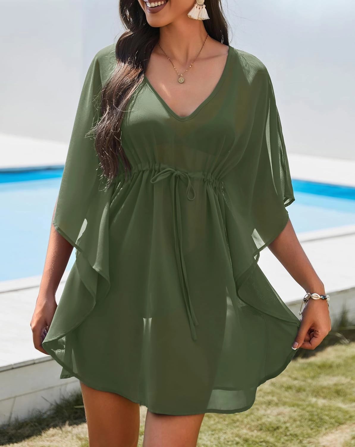 AI'MAGE Womens Beach Swimsuit Coverup Sexy Sheer Bathing Suit Cover Up Dress Swimwear Tie Waist Chiffon Beachwear