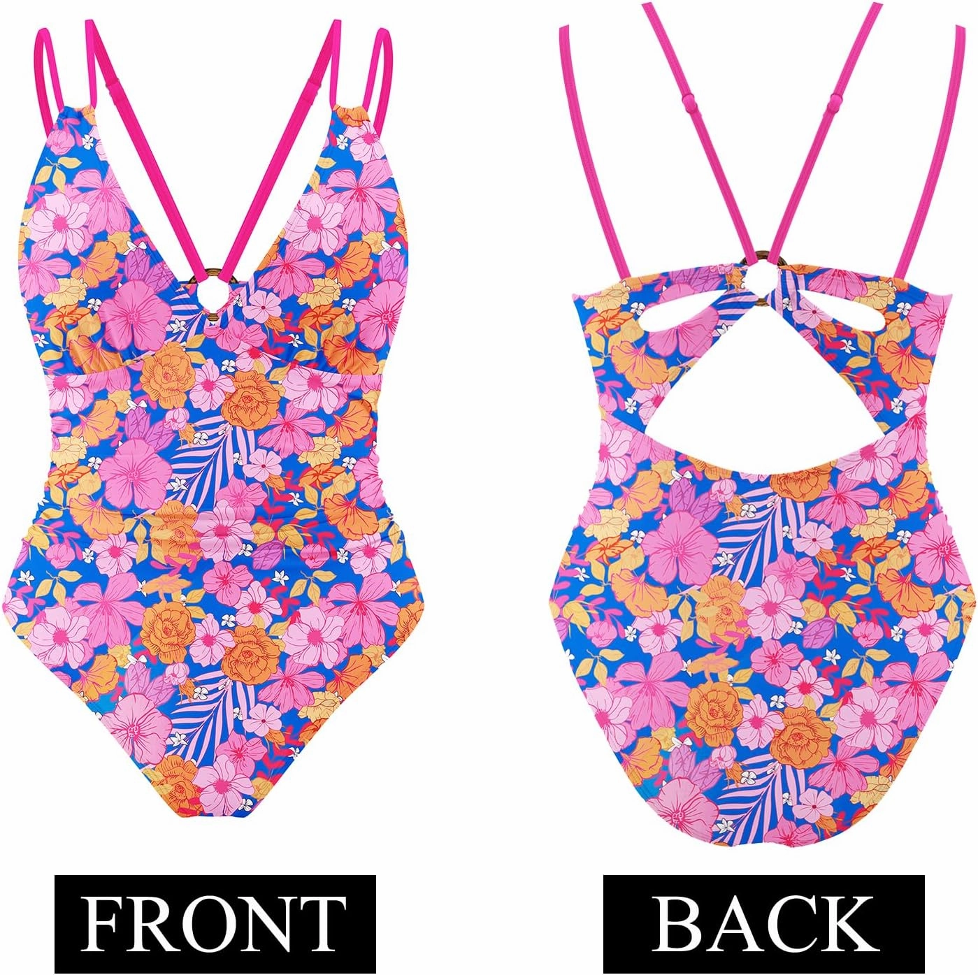 AI'MAGE Womens One Piece Swimsuit V Neck Ruched Bathing Suit Double Straps Crisscross Back Floral Print Swimwear S-XXL