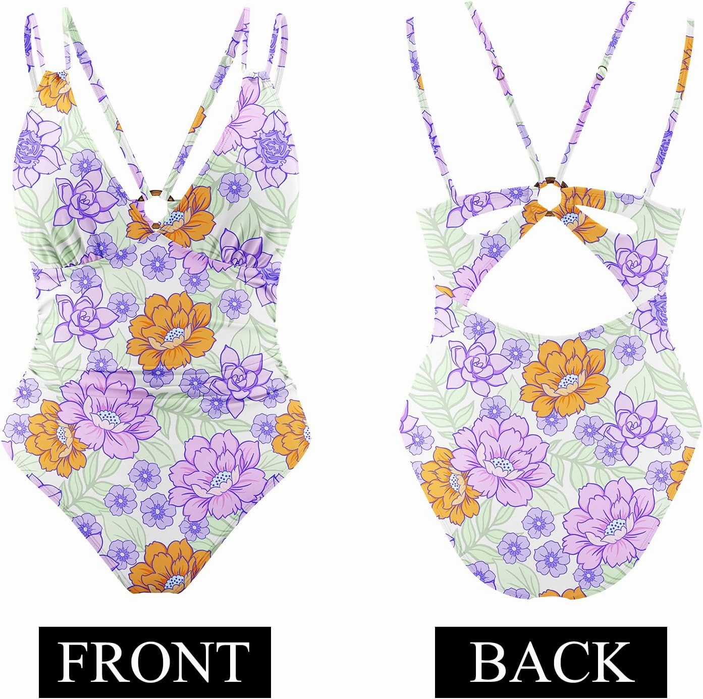 AI'MAGE Womens One Piece Swimsuit V Neck Ruched Bathing Suit Double Straps Crisscross Back Floral Print Swimwear S-XXL