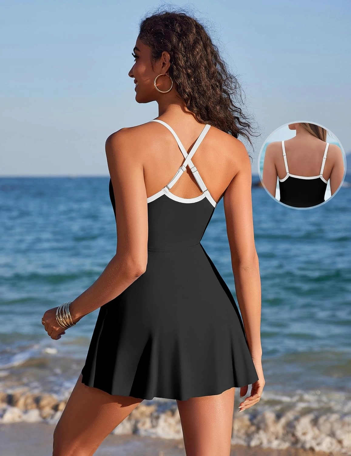 AI'MAGE Womens One Piece Swimsuits A Line Swim Dress Adjustable Straps Tummy Control Bathing Suit with Pockets