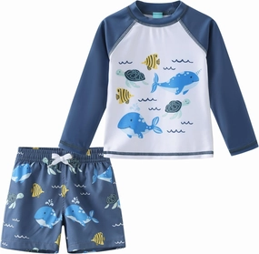 Aisyee Toddler Baby Boys Rash Guard Set for Kids Boys Swim Set with Swim Trunks Long Sleeve Bathing Suits