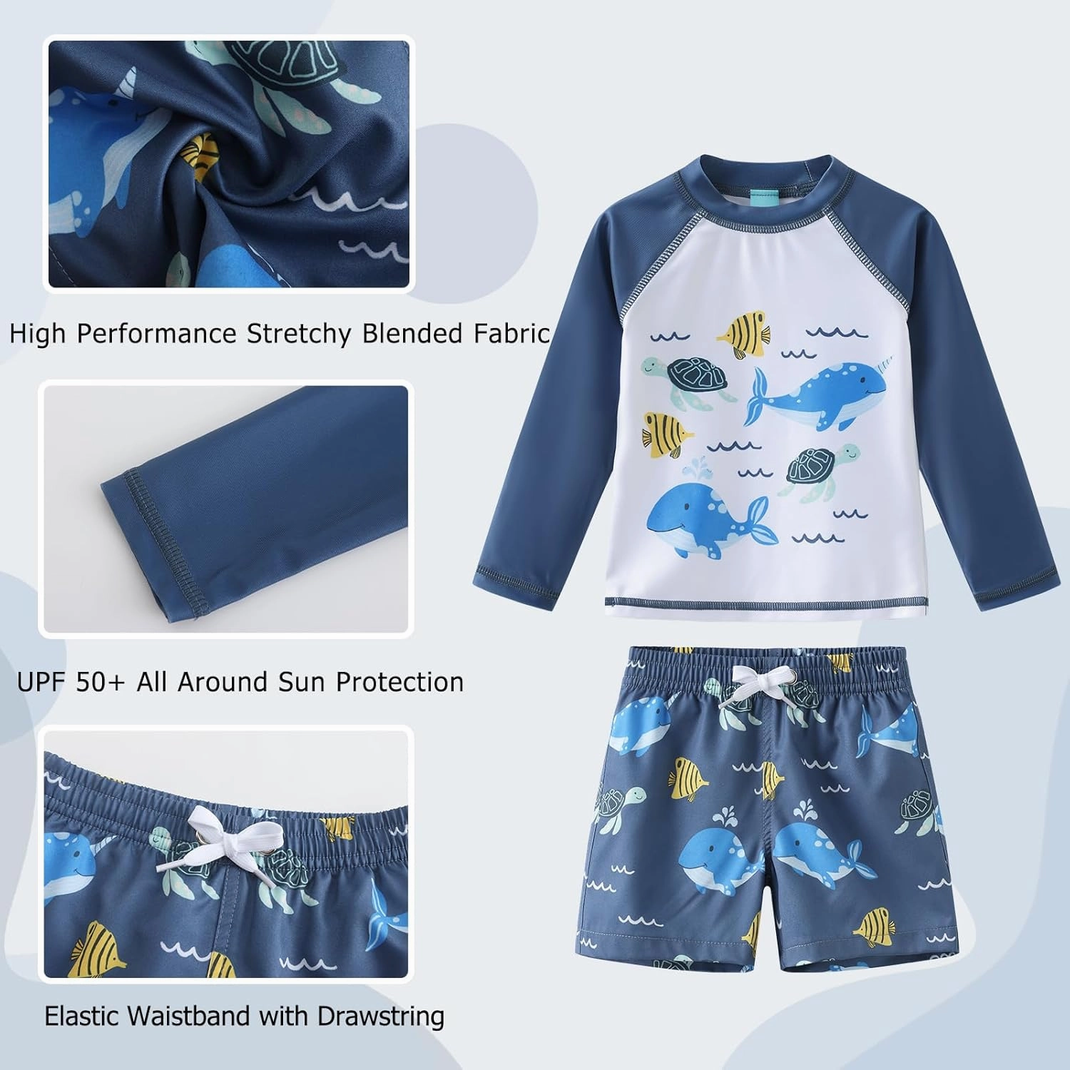 Aisyee Toddler Baby Boys Rash Guard Set for Kids Boys Swim Set with Swim Trunks Long Sleeve Bathing Suits