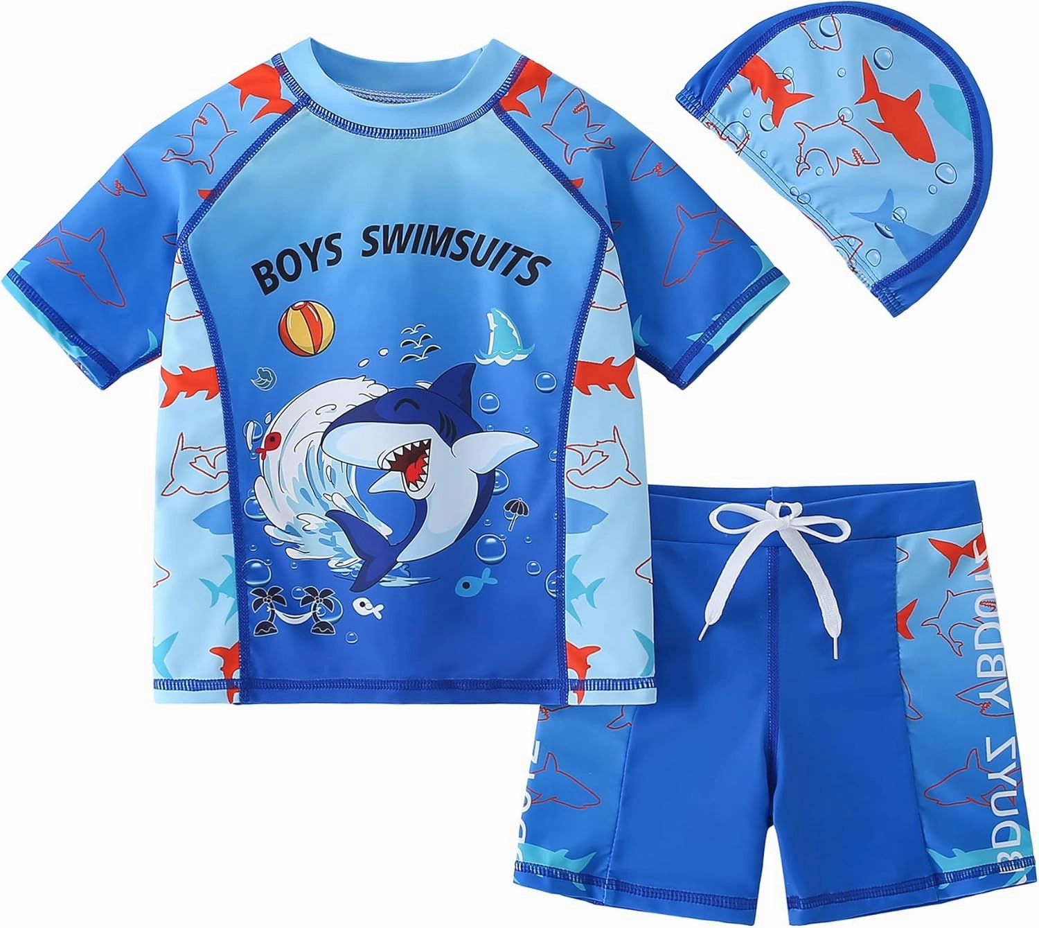 AIWUHE Toddler Boys Swimsuit Set Rash Guard Boys' Swimwear Two Piece Bathing Suit and Swim Trunk with Hat UPF 50  3-8Y