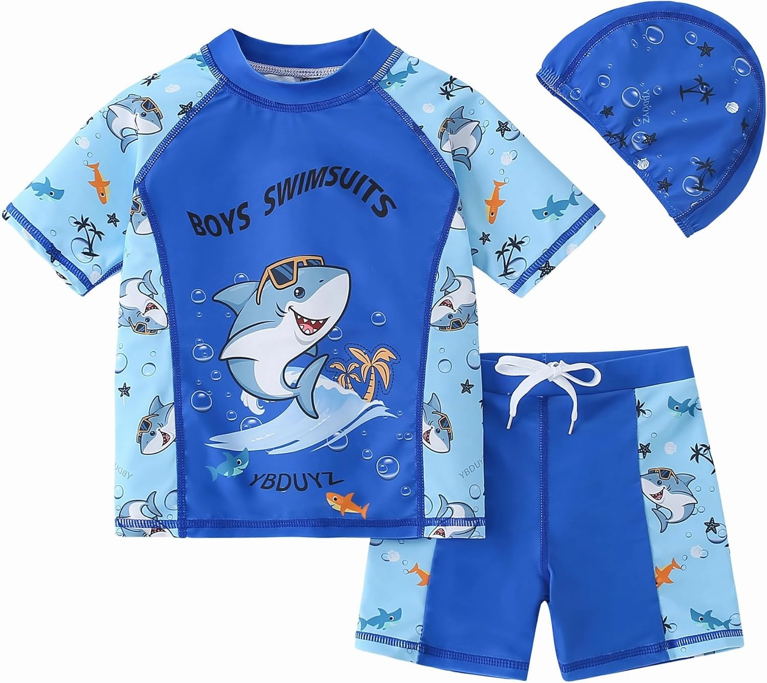 AIWUHE Toddler Boys Swimsuit Set Rash Guard Boys' Swimwear Two Piece Bathing Suit and Swim Trunk with Hat UPF 50  3-8Y