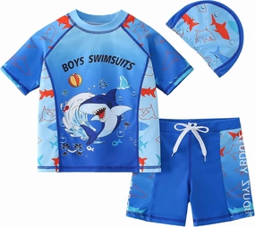 AIWUHE Toddler Boys Swimsuit Set Rash Guard Boys' Swimwear Two Piece Bathing Suit and Swim Trunk with Hat UPF 50  3-8Y