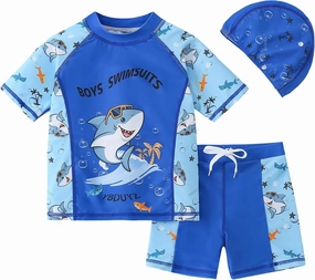 AIWUHE Toddler Boys Swimsuit Set Rash Guard Boys' Swimwear Two Piece Bathing Suit and Swim Trunk with Hat UPF 50  3-8Y