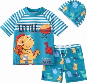 AIWUHE Toddler Boys Swimsuit Set Rash Guard Boys' Swimwear Two Piece Bathing Suit and Swim Trunk with Hat UPF 50  3-8Y