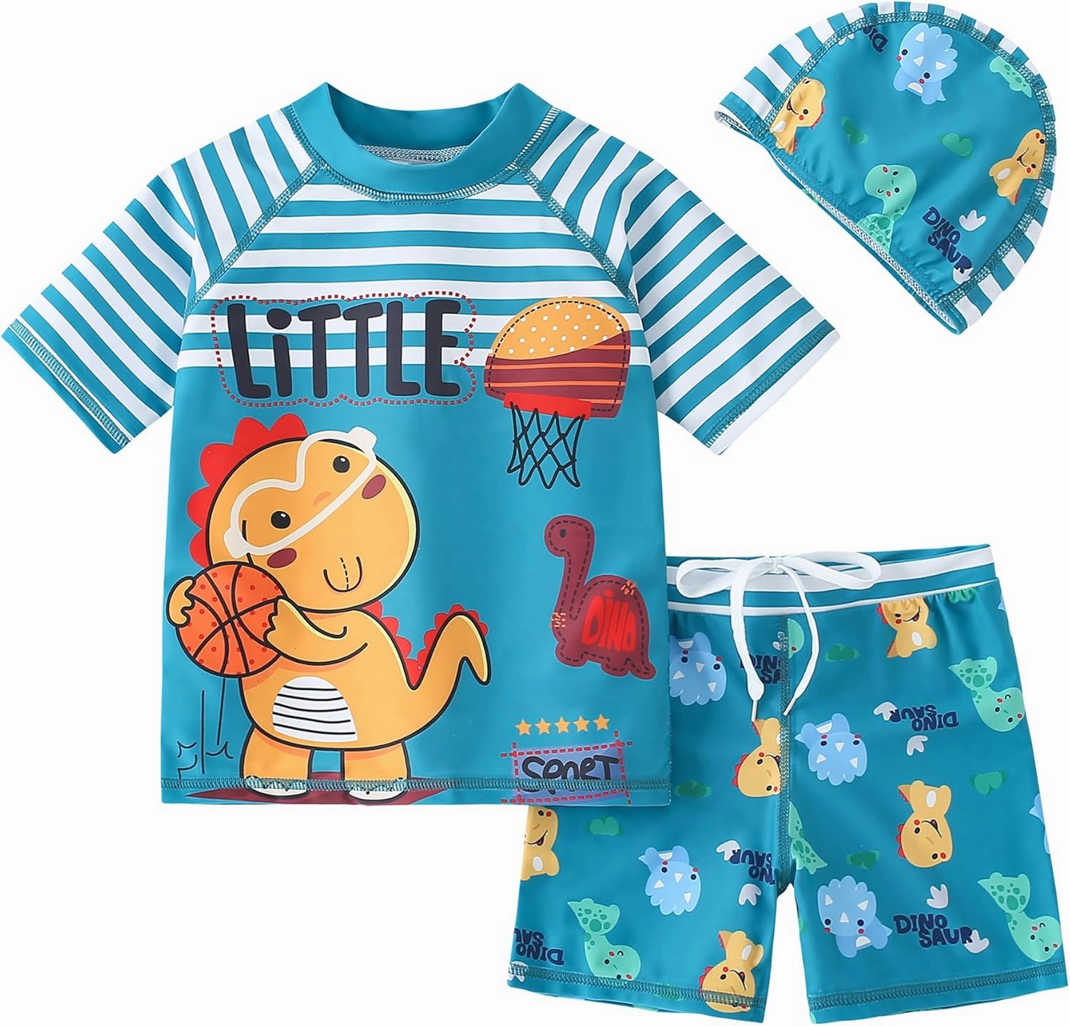 AIWUHE Toddler Boys Swimsuit Set Rash Guard Boys' Swimwear Two Piece Bathing Suit and Swim Trunk with Hat UPF 50  3-8Y
