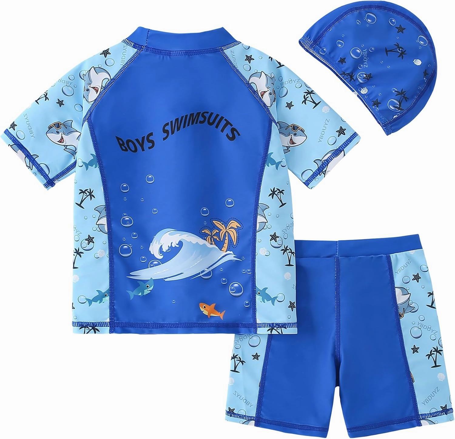 AIWUHE Toddler Boys Swimsuit Set Rash Guard Boys' Swimwear Two Piece Bathing Suit and Swim Trunk with Hat UPF 50  3-8Y