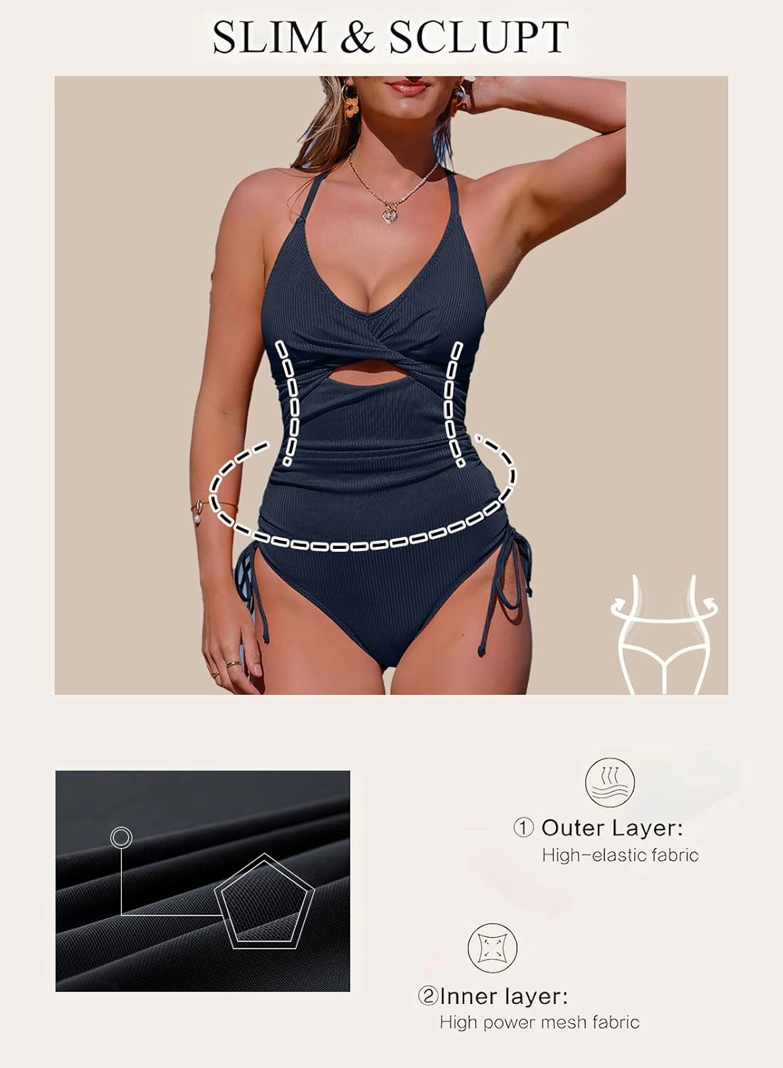 Aleumdr Women's Ribbed One Piece Swimsuit Tummy Control High Cut Bathing Suit Sexy V Neck Criss Cross Monikini