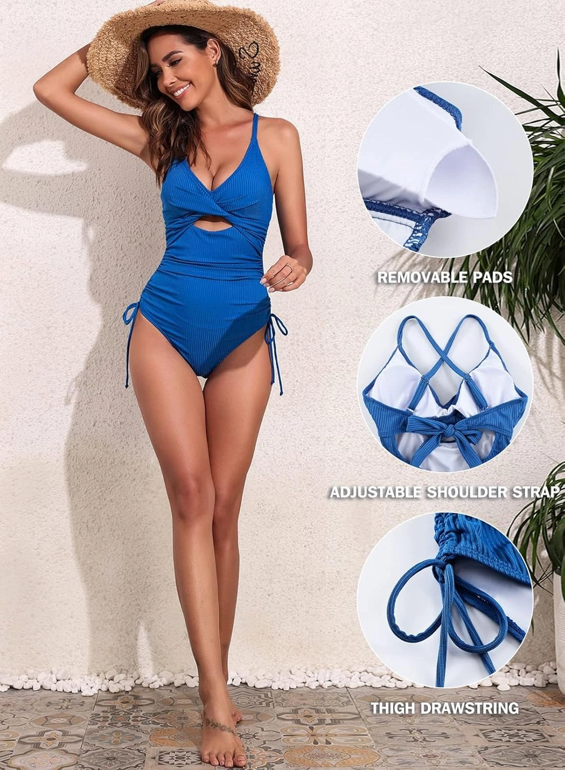 Aleumdr Women's Ribbed One Piece Swimsuit Tummy Control High Cut Bathing Suit Sexy V Neck Criss Cross Monikini