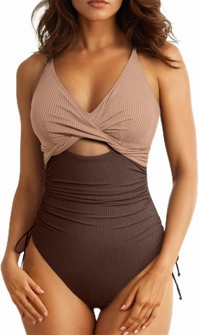 Aleumdr Women's Ribbed One Piece Swimsuit Tummy Control High Cut Bathing Suit Sexy V Neck Criss Cross Monikini