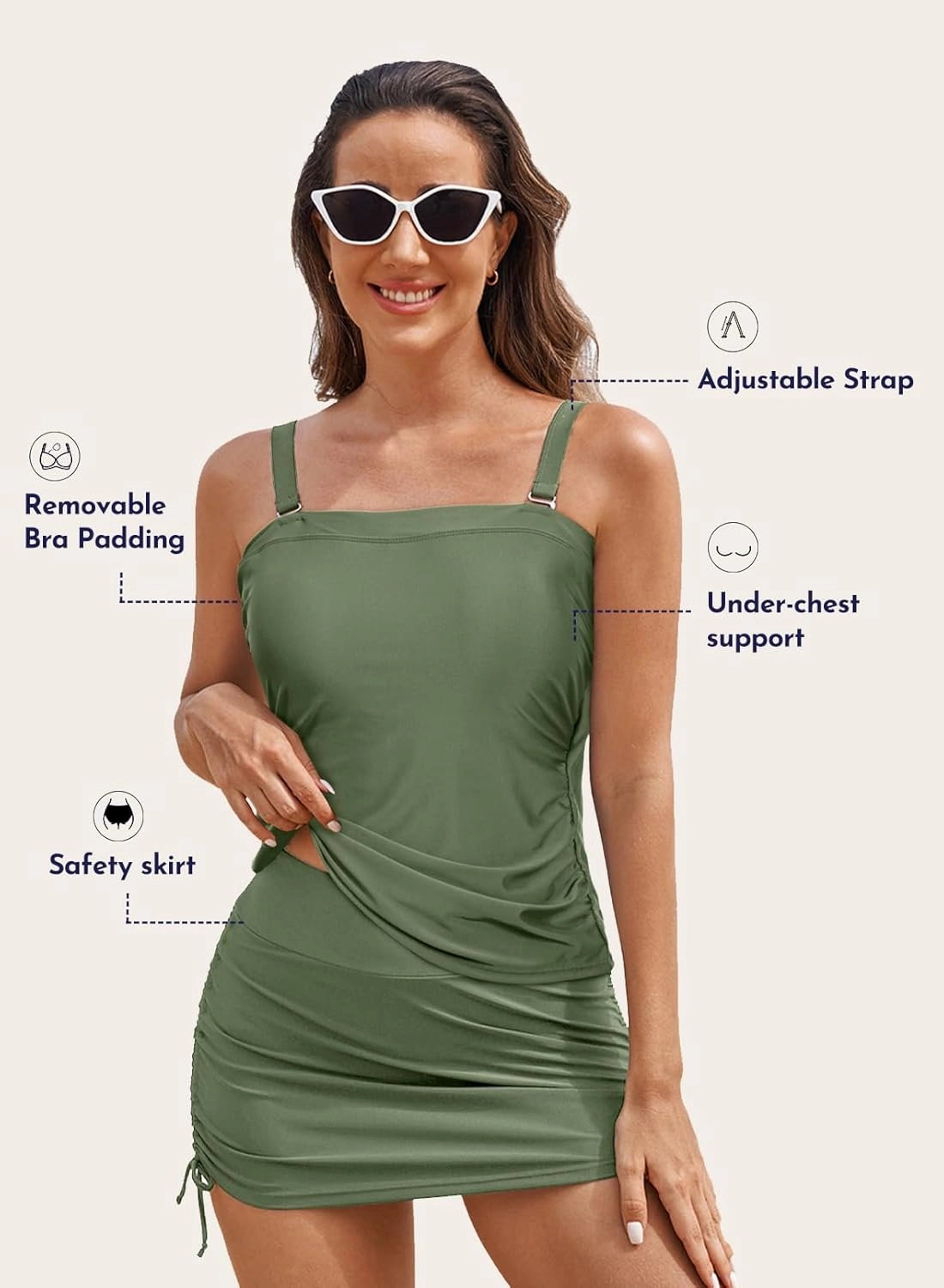 Aleumdr Womens 2 Piece Tankini Bathing Suit Modest Swim Tank Top with Skirt Ruched Slimming Tummy Control Swimsuit