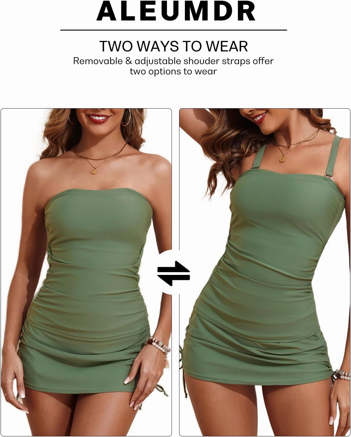 Aleumdr Womens 2 Piece Tankini Bathing Suit Modest Swim Tank Top with Skirt Ruched Slimming Tummy Control Swimsuit
