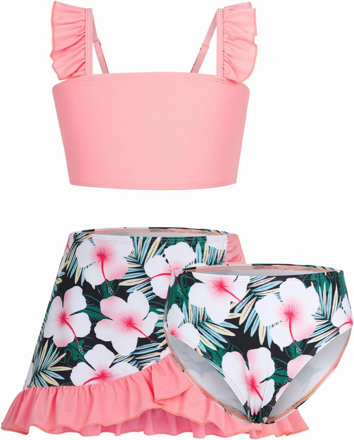 ALISISTER Girls Swimsuit 3 Piece Bathing Suits for 5-12 Years Hawaiian Bikini Set with Cover Ups Skirt