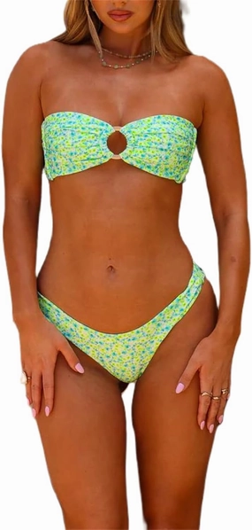 Alyweatry Women Floral Bandeau Bikini Set O Ring Strapless Tie Back Bikini Top High Cut Cheeky Thong Bathing Suit