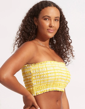 Amalfi Check Shirred Longline Bandeau Bikini Top - Lime Light