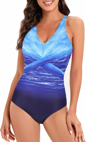 American Trends Swimsuit Women One Piece Tummy Control Bathing Suit for Women Modest V Neck Swimwear