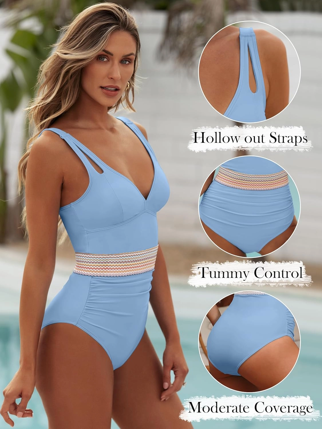 ANRABESS One Piece Swimsuit for Women Tummy Control V Neck Slimming Sexy Bathing Suit Color Block Padded Beach Swimwear