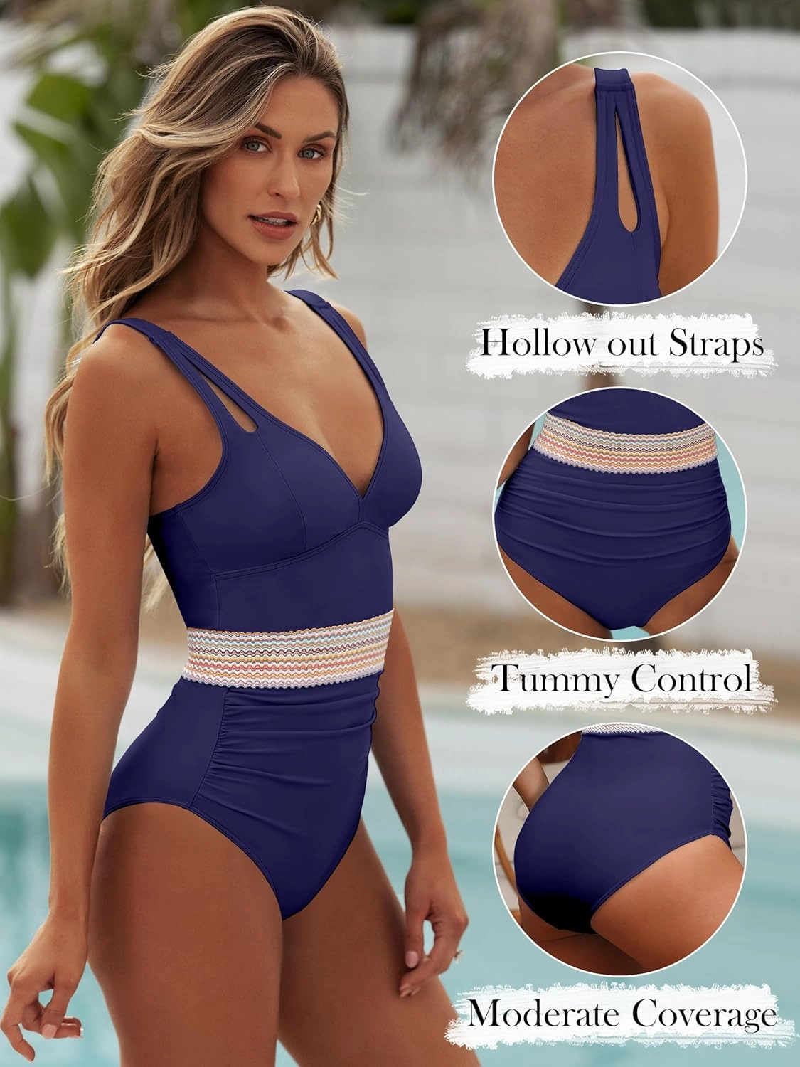ANRABESS One Piece Swimsuit for Women Tummy Control V Neck Slimming Sexy Bathing Suit Color Block Padded Beach Swimwear