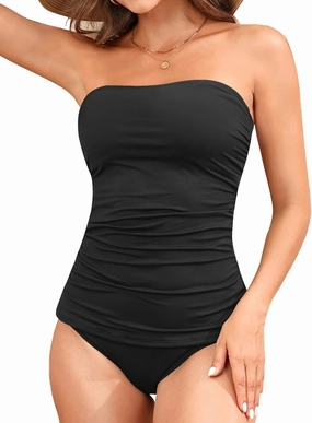 Aqua Eve Bandeau Swimsuits for Women Two Piece Bathing Suits Ruched Tummy Control Tankini Sets Strapless Swimwear