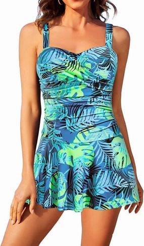 Aqua Eve One Piece Swim Dress Tummy Control Swimsuit with Skirt Modest Bathing Suit Vintage Swimdress