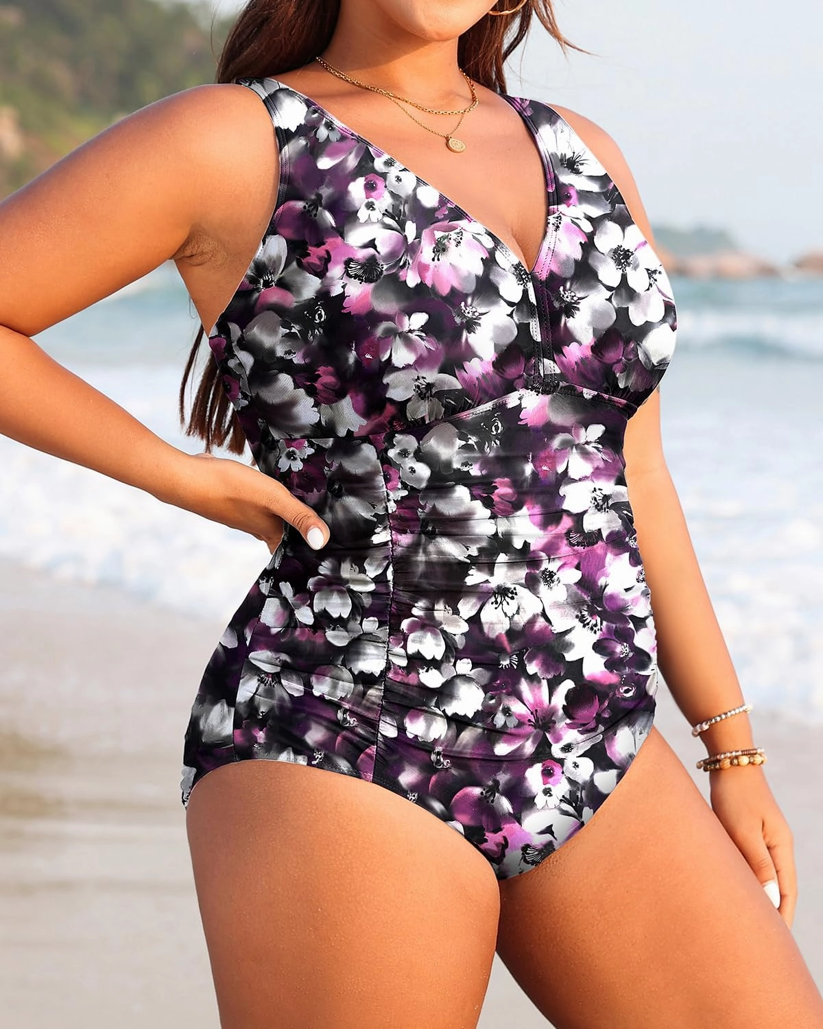 Aqua Eve Women Plus Size One Piece Swimsuits V Neck Tummy Control Bathing Suits Retro Ruched Swimwear