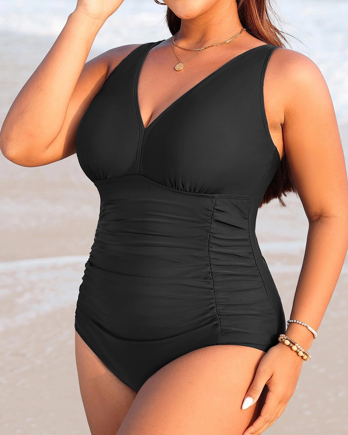 Aqua Eve Women Plus Size One Piece Swimsuits V Neck Tummy Control Bathing Suits Retro Ruched Swimwear