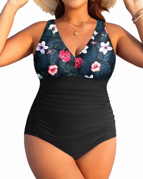 Aqua Eve Women Plus Size One Piece Swimsuits V Neck Tummy Control Bathing Suits Retro Ruched Swimwear