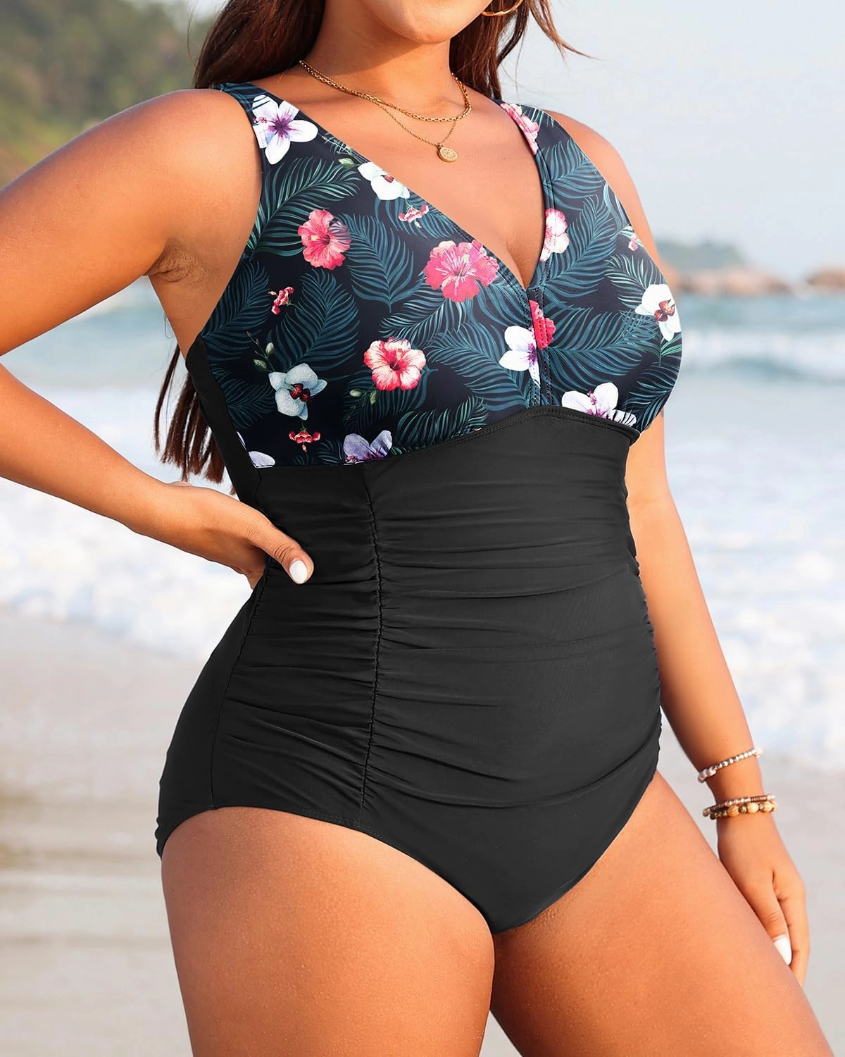 Aqua Eve Women Plus Size One Piece Swimsuits V Neck Tummy Control Bathing Suits Retro Ruched Swimwear
