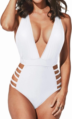 Aqua Eve Women Sexy One Piece Swimsuits Halter Plunge V Neck Cutout Bathing Suits