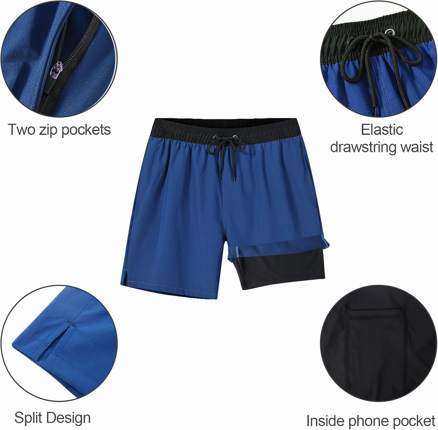 Arcweg Mens Swim Trunks with Compression Liner 2 in 1 Beach Swimming Trunks Quick Dry Swim Shorts with Zipper Pockets