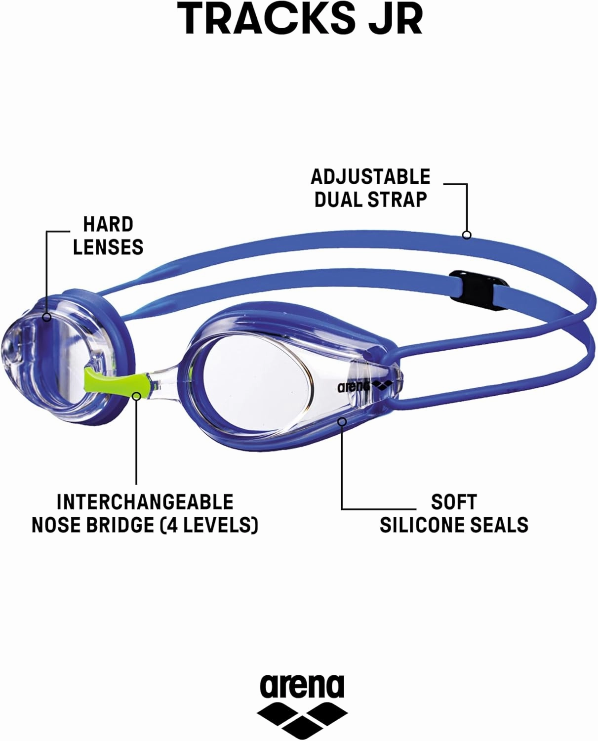 Arena Tracks Unisex Junior Youth Essential Racing Swim Goggles Kids Swimmers Young Racers 6-12 Anti-Fog Coated Non-Mirror Lens, Clear/Blue