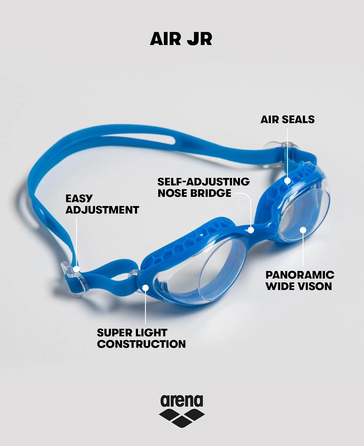 ARENA Unisex Kids Junior Air Mirror Swim Goggles for Swimming Ages 6 to 12 Air Seals Anti-Fog Coated Lens Adjustable Strap