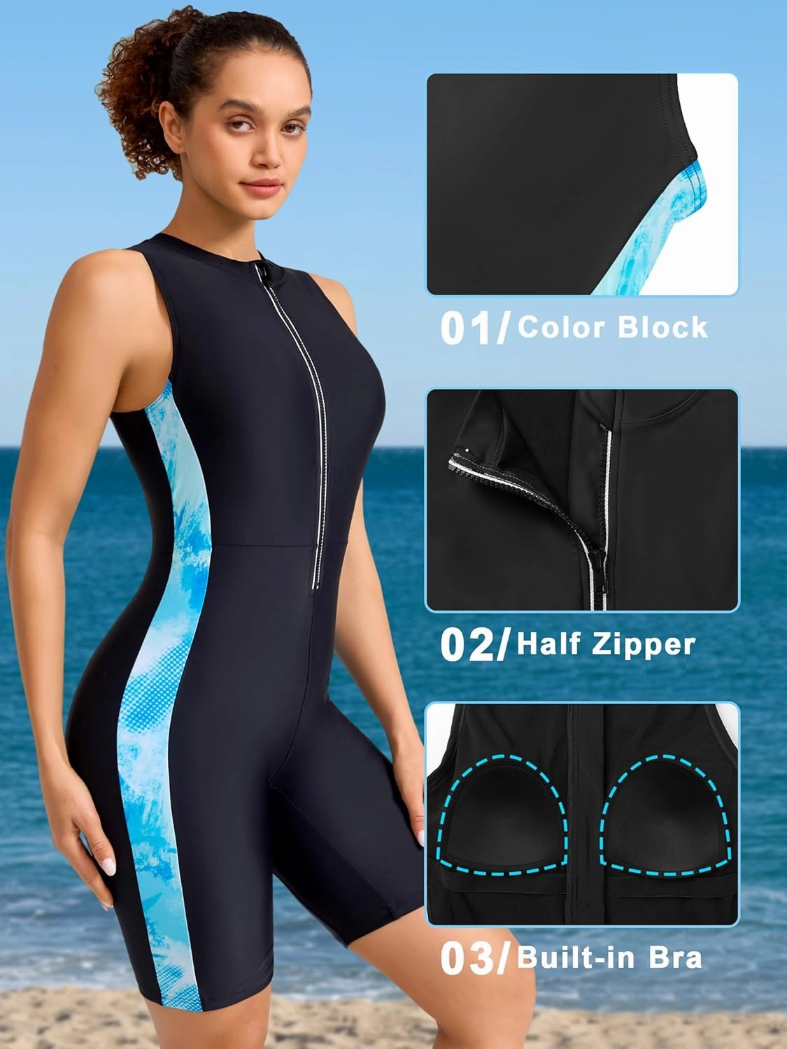ATTRACO Boyleg One Piece Swimsuits for Women Athletic Bathing Suits Color Block Zip Up Swimwear