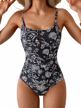 B2prity One Piece Swimsuit for Women Tummy Control Retro Bathing Suit Button Up Slimming Swimwear