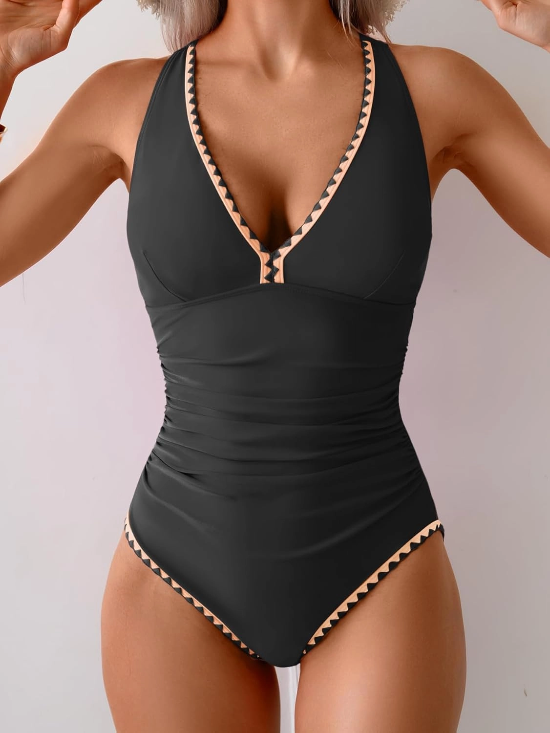 B2prity One Piece Swimsuit for Women Tummy Control Ruched Bathing Suit Push Up Tie Back Swimwear Shell Stitched
